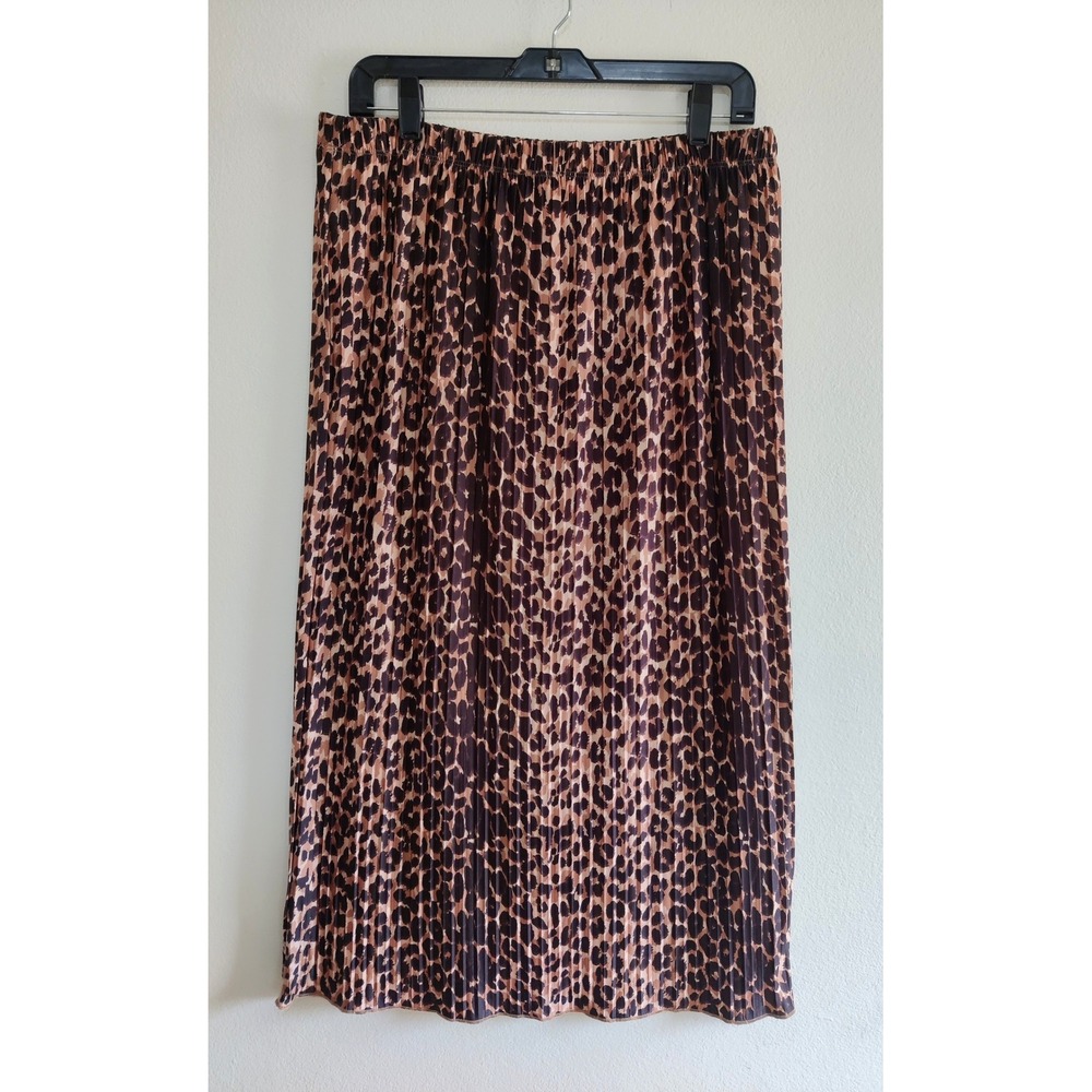 Zara Womens Leopard Print Pleated Midi Skirt Brown Black Elastic Waist Size XL